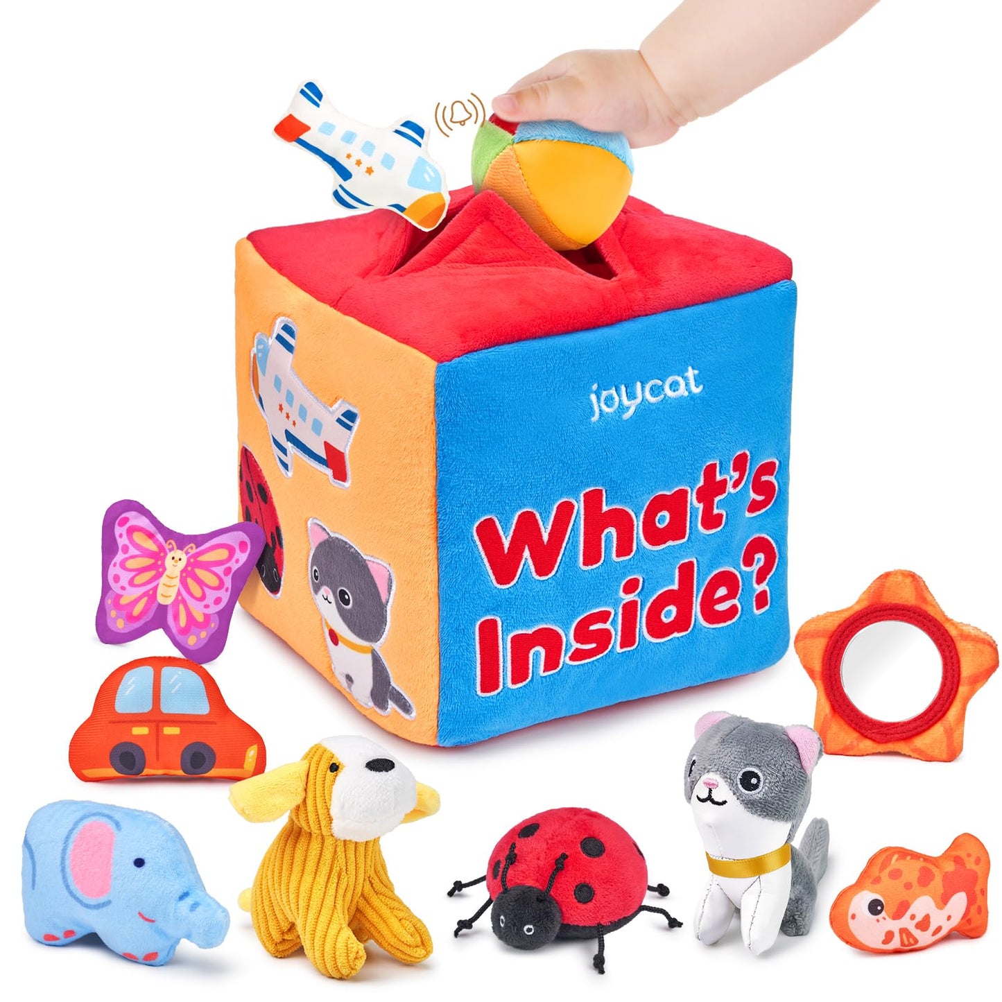 JoyCat Baby Toys 6-12 Months - Mystery Soft Box with 10 Sensory Objects, Rattle, Crinkle Paper, Mirror - What's Inside Box Infant Gifts, Soft Busy Toys 1-2 - Baby Easter Basket Stuffers Gifts