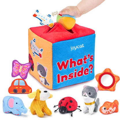JoyCat Mystery Soft Box+Soft Baby Beehive with 5 Soft Sensory Bees - Honeybee Plush Toy for 0-12 Months - Rattle, Crinkle Paper, Squeaker, Mirror, Busy Toy for Babies 6-12 Months, 0-3 Years Old