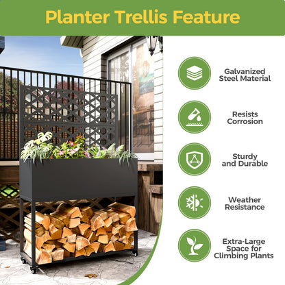 Diyfire Metal Planter Box with Trellis, 55"x35"x16"Metal Raised Garden Bed with Drainage Holes, Raised Garden Beds Outdoor, Privacy Planters Trellis for Climbing Plants, Patio,Garden, Wheels, Black