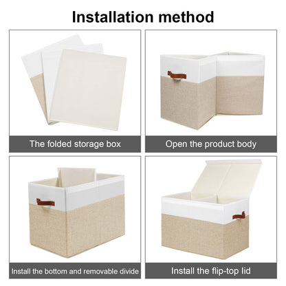 Gowee Large Toy Storage Box with Lid, Sturdy Toys Storage Chest Bin Organizer Basket with Dividers for Kids, Boys, Girls, Nursery, Closet, Bedroom, Playroom 25"x13" x16" (Beige and White)