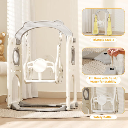 67i Toddler Indoor Playground Slide and Swing Set with Climbing Arch, Golf, Basketball - Outdoor Playset for Toddlers 1-3, Kids Activity Center (White Gray, with Swing)
