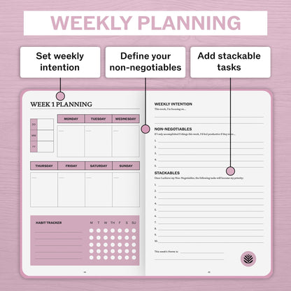 Sprouht Undated Daily Planner | 90 Day Daily & Weekly Productivity Journal with Hourly Schedule, To Do List, Goal Tracker & Habit Tracker | ADHD Planner for Men & Women | Hardcover Agenda (Pink)