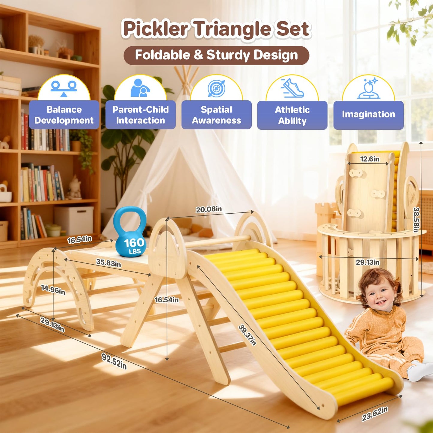 Pikler Triangle Set for Kids, 10 in 1 Toddler Climbing Toys Indoor, Foldable Wooden Montessori Climbing Set, Indoor Playground Baby Jungle Gyms for Kids 1-3 with Arch, Ramp, Ladder and Roller Slide