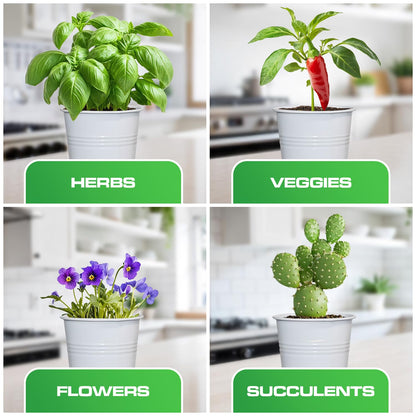Plexon Herb Planter Indoor Garden Set of 3 with Tray, Metal Herb Pots for Indoor Plants, Round Kitchen Garden Kit Ideal for Windowsill Planter or Countertop, White Powder Coated