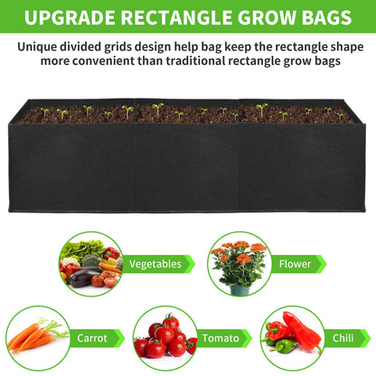 ANGELIOX 2Pcs Grow Bags, 3-Grids Rectangle Grow Bag,14 Gallon Thickened 400G Fabric Garden Bed, Nonwoven Square Flower Planter Containers for Flowers,Vegetable,Fruit, Growing Pots with Handles
