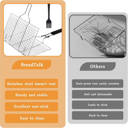 BBQ Fish Grill Basket with Basting Brush – 20.5"x13.5" Lockable Nonstick Grilling Basket with Beech Wood Handle, Chrome-Plated Carbon Steel Mesh for Fish, Meat, Vegetables