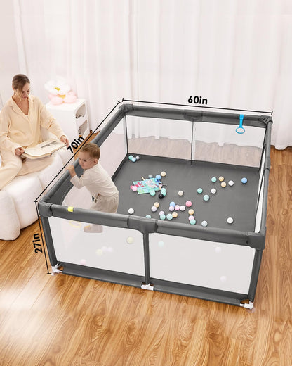 71" x 59" Extra Large Baby Playpen for Babies and Toddlers, Safe Activity Center with Soft Play Fence, Indoor Safety Yard, Easy to Assemble and Clean (Gray)