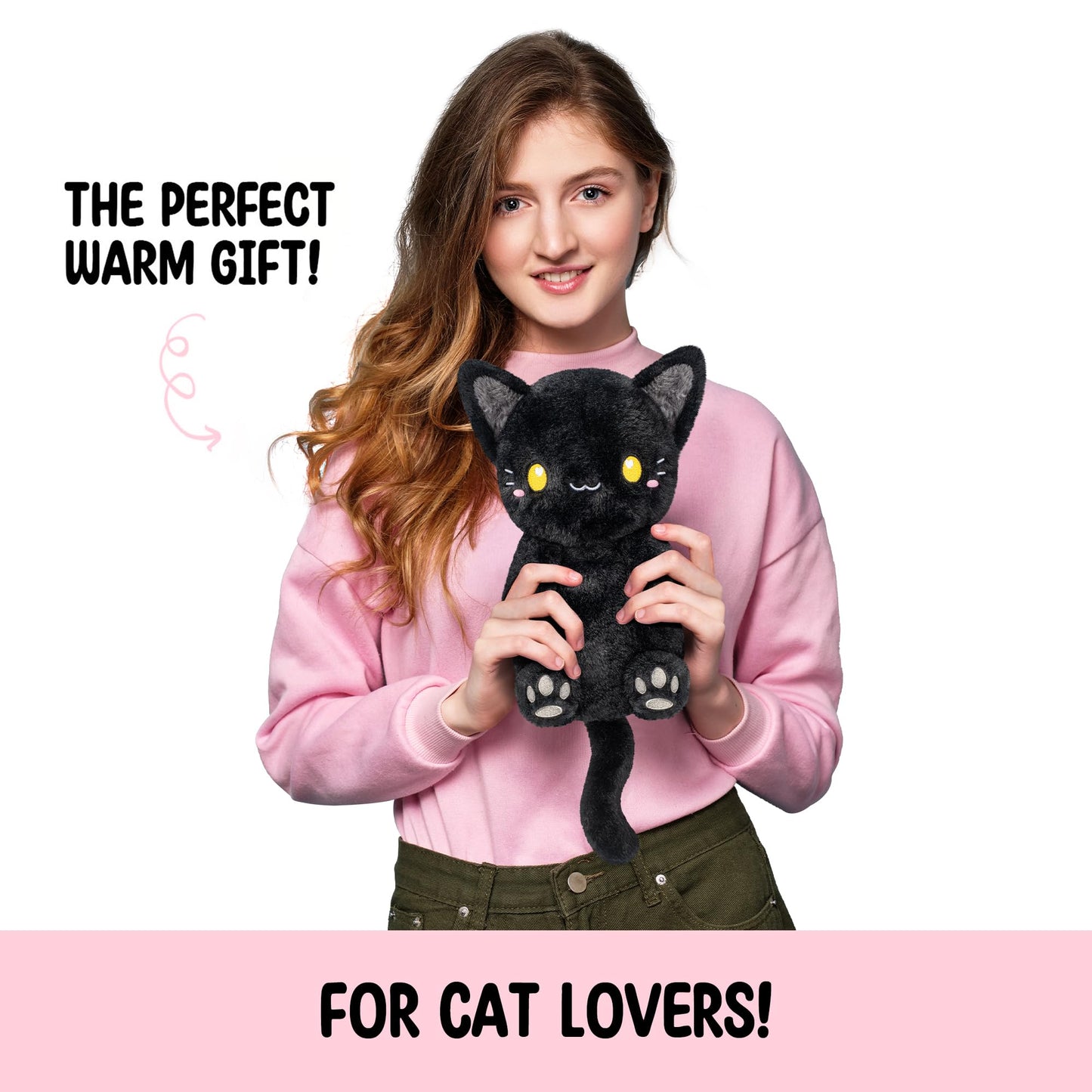 Black Cat Microwavable 1.5 lbs Unscented Heating Pad for Women and Kids- Cute Soft Cozy Pillow Plush Heatable Warm Stuffed Animals - Kawaii Hot and Cold Plushie - Black Cat Gifts for Girls and Women