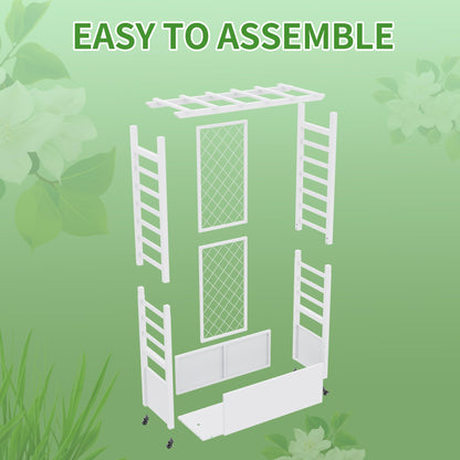 Sunnibety Raised Garden Bed with Trellis & Hanging Roof, Weatherproof Metal Planter Box with Wheels, Garden Arch Trellis for Outdoor Climbing Plants Vines Flowers, 74" H x 44" L x 17" W, White
