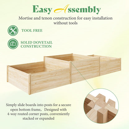 SPECRAFT 2-Tier Raised Garden Bed, 23-Inch Deep Fir Wood Planter Box with Mortise & Tenon Structure, 3-Section Open Base for Vegetable, Flowers & Herb, for Backyard, Garden, Patio, 142 x 49 x 24 in