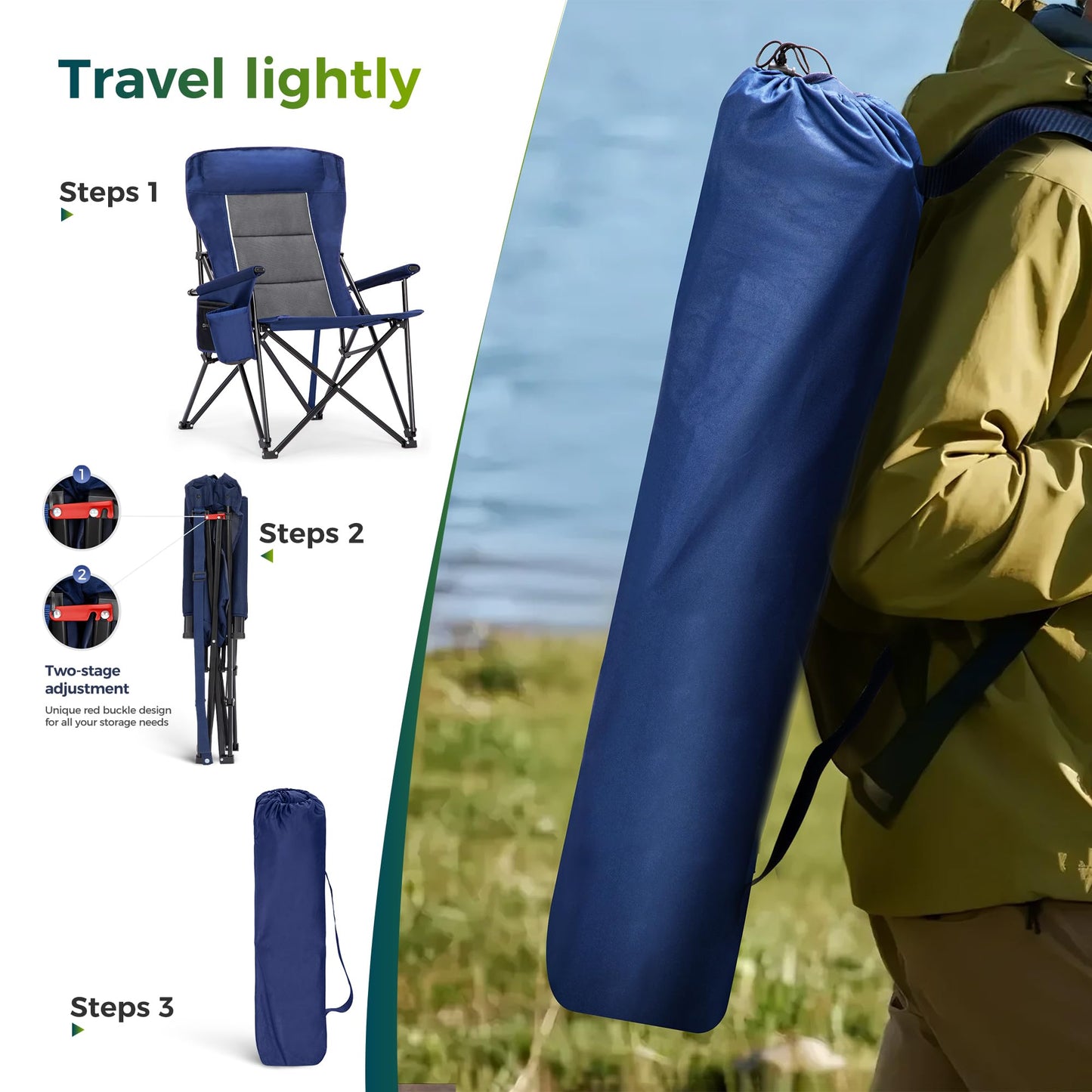 ALPHA CAMP Oversized Folding Camping Chairs High Backrest Heavy Duty Lawn Chairs for Adults Support 500 LBS Portable Camp Chairs with Cup Holders Large Side Pocket for Outdoor