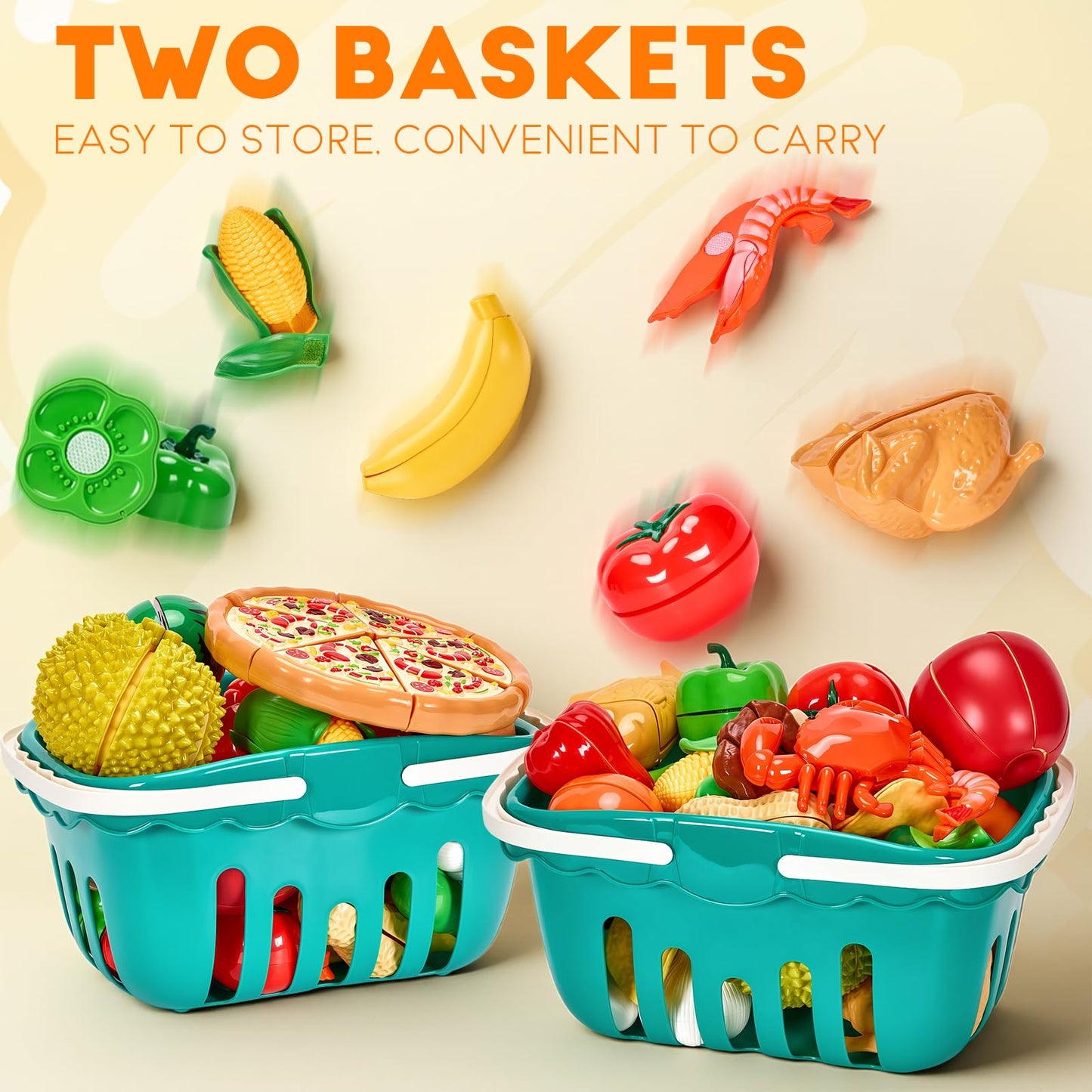 Cutting Play Food Toys, 200 Pieces Pretend Play Kitchen Accessories, Fake Fruits/Vegetables Cards, Play Money, 2 Shopping Storage Baskets, Birthday Gift, Educational Toy for Toddler Children