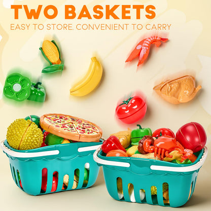 Cutting Play Food Toys, 200 Pieces Pretend Play Kitchen Accessories, Fake Fruits/Vegetables Cards, Play Money, 2 Shopping Storage Baskets, Birthday Gift, Educational Toy for Toddler Children