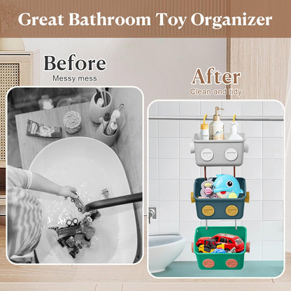 Karceyworth Bath Toy Storage Organizer Basket, 3 Pack Cute Robot Bathtub Shower Toy Organizer, Wall Mounted Hanging Bath Toy Holder with Hooks, for Tub Laundry