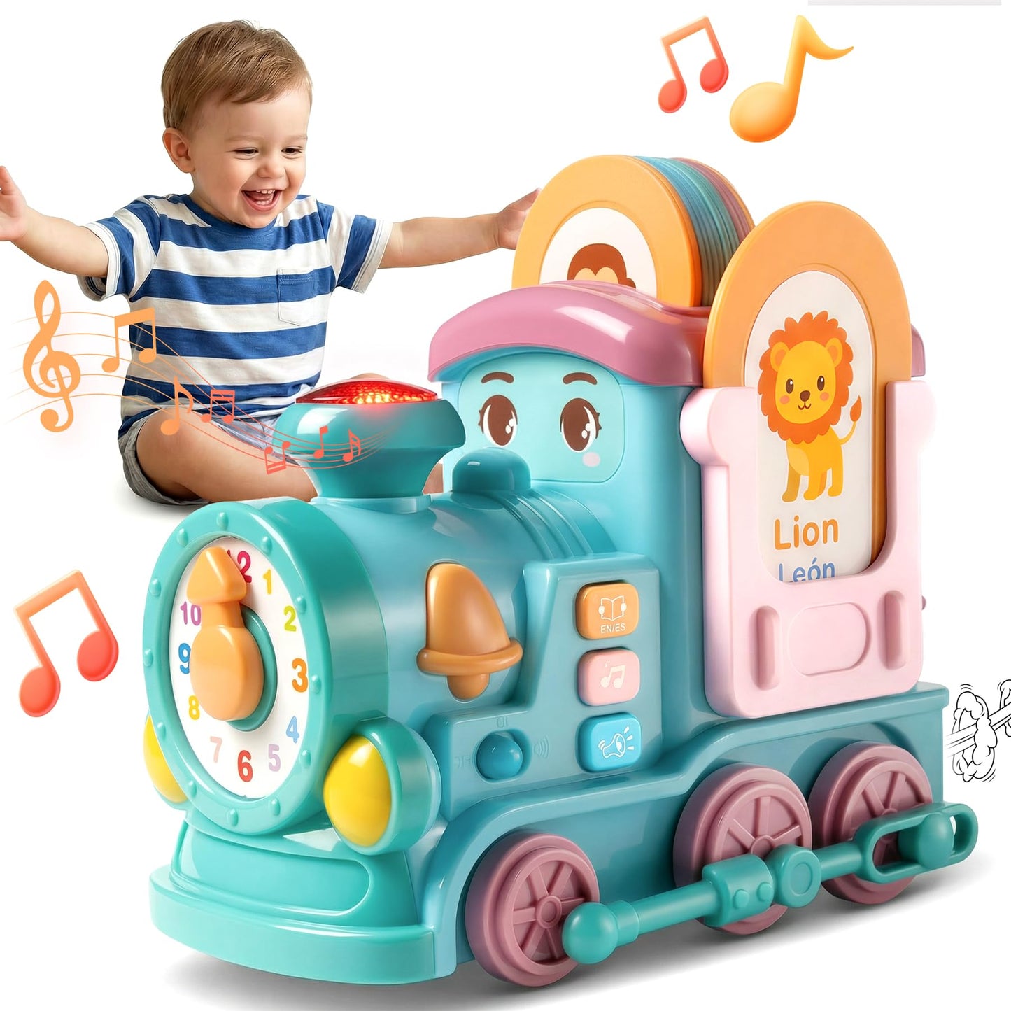 Gleesfun 1909B Musical Learning Train Toys, Toddlers Toys for 6-36 Months, Bump & Go 360° Rotation Electric Sensory Toy with English & Spanish Learning Cards, Educational Toys for Boys Girls Gift
