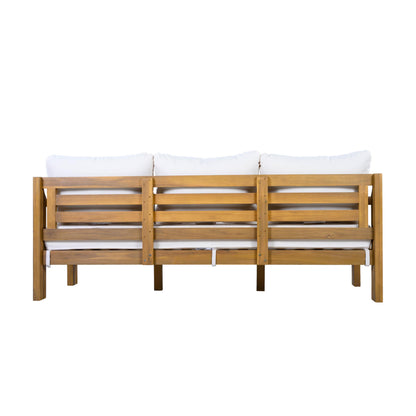 Christopher Knight Home Bayah Acacia Wood Outdoor 3 Seater Sofa with Cushion, Solid Wood Patio Sofa with Removable Cushion, Comfy Lounge Sofa for Patio Furniture Set, Natural Teak+Beige