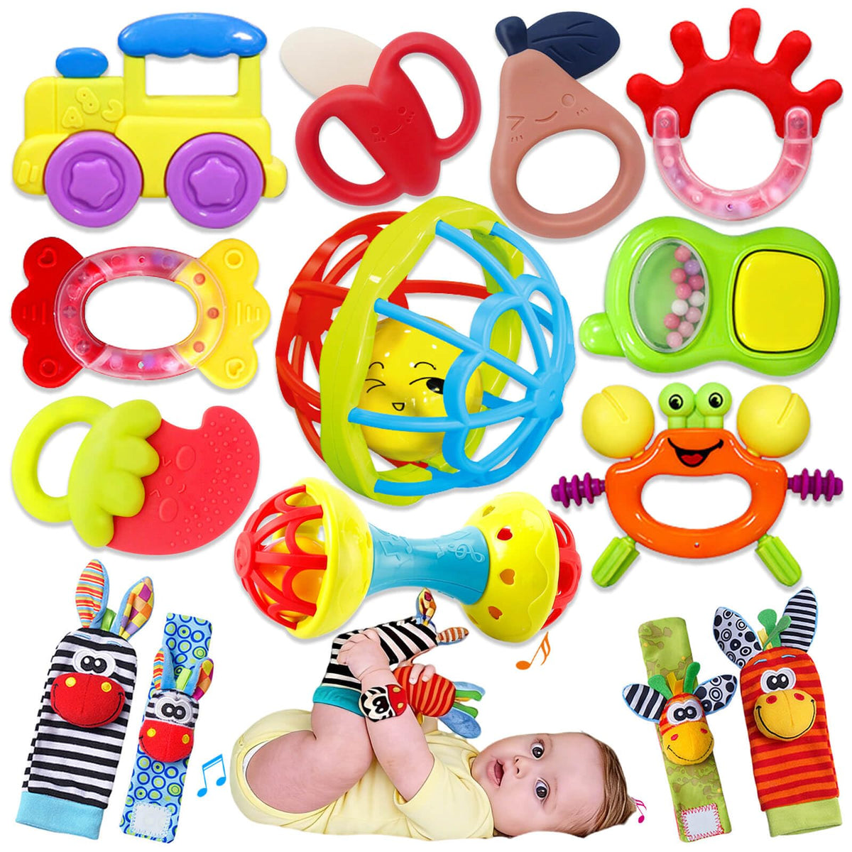 Baby Toys 0-6 Months - Baby Rattles Teething Toys 3-6 Month Infant Toys 6-12 Months Teether Toy 3 4 5 6 Month Old Newborn Essentials Must Haves Wrist Socks Toddler Stocking Stuffers Christmas Gifts