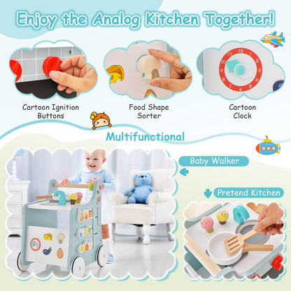 BABY JOY 6 in 1 Wooden Baby Walker, Toddler Pretend Play Kitchen Playset, Push and Pull Sit-to-Stand Learning Walker Activity Center, Montessori Educational Toy, Push Walker for Boys Girls