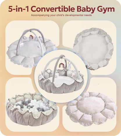 5-in-1 Thick & Plush Baby Play Gym, Baby Play Mats for Floor, Tummy Time Mat with 6 Toys, Convertible Stage-Based Developmental from Babies to Toddlers, Ball Pit, Grey