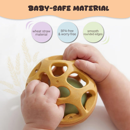 ROHSCE Sensory Rattle Balls Textured, Baby Teething Sensory Montessori Toys Soft Chew Toy with Rattles for Babies, Safe Wheat Straw Travle Toys, Developmental Newborn Baby Toys 6 to 12 Months, Yellow