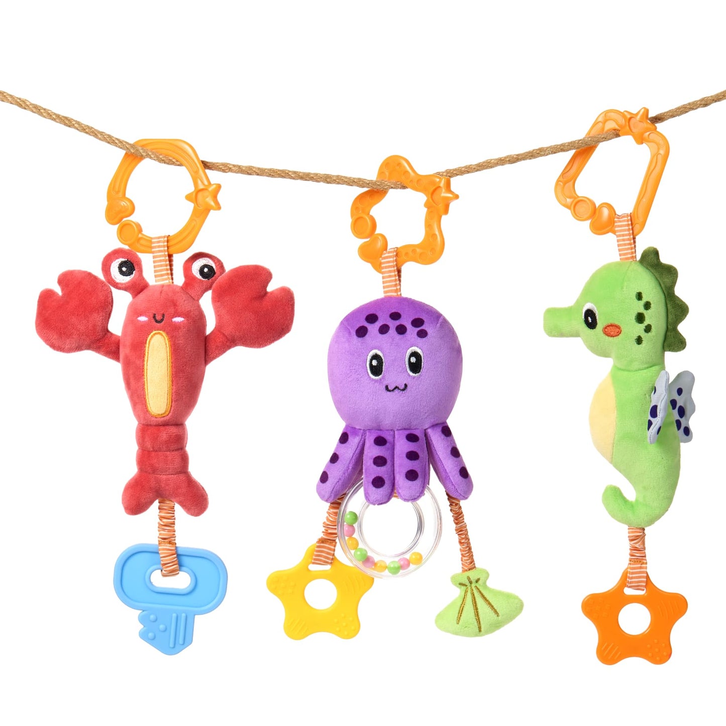 TUMAMA Baby Toys 0 3 6 12 Months, Hanging Stroller Toys Soft Marine Animal Crib Car Seat Toys, Crinkle Infant Rattles with Teether Squeaky Sensory Developmental Toy for Newborn