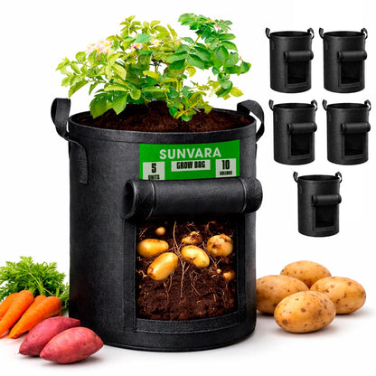 SunVara 10 Gallon Grow Bags, 5 Pack - Breathable Fabric Plant Pots with Handles & Harvest Window for Potatoes, Tomatoes, Vegetables