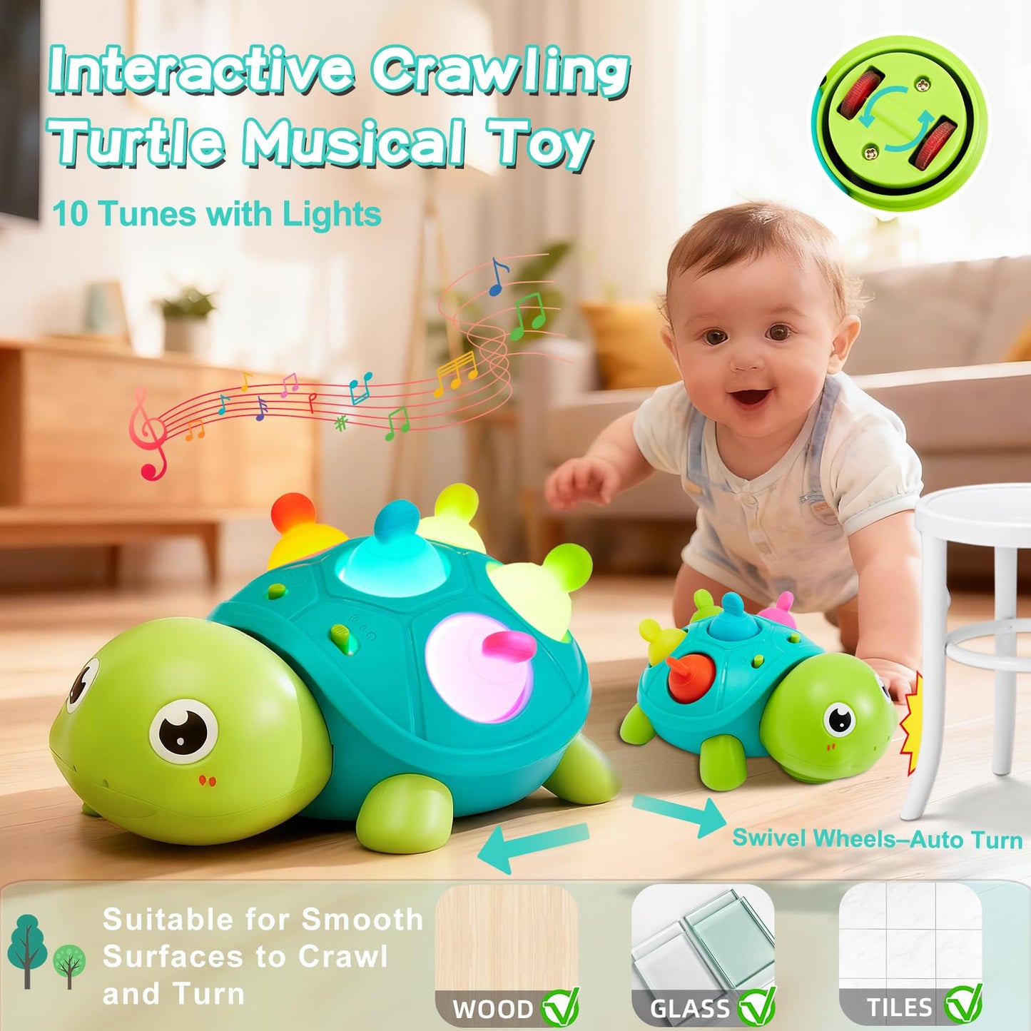 Baby Crawling Turtle Toy 6 9 12 18 Months, Infant Tummy Time Sensory Musical Teething Toys, Toddler Walking Learning Motor Skill Development for 1 2 3 Year Old Boy Girl Birthday Gift