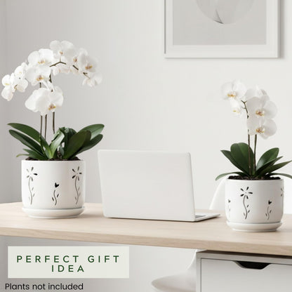Thriving Thicket 2 Pack, 5 + 6 Inch White Orchid Pots with Holes and Saucer, Ceramic Orchid Planters for Repotting with Drainage Holes and Tray, Plant Flower Pot containers for Orchid Indoor Outdoor
