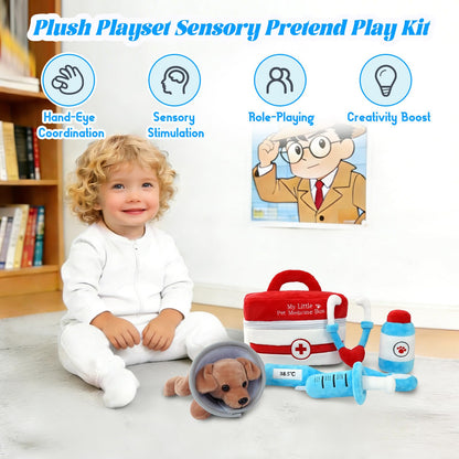 Stuffed Plush Pet Vet Kit for Baby Toddler, 6-Pcs My Little Pet Doctor Plush Playset, Sensory Pretend Play Stuffed Plush Toy with Pet Medicine Box/Puppy Patient/Stethoscope, Boy Girl Infant Gifts