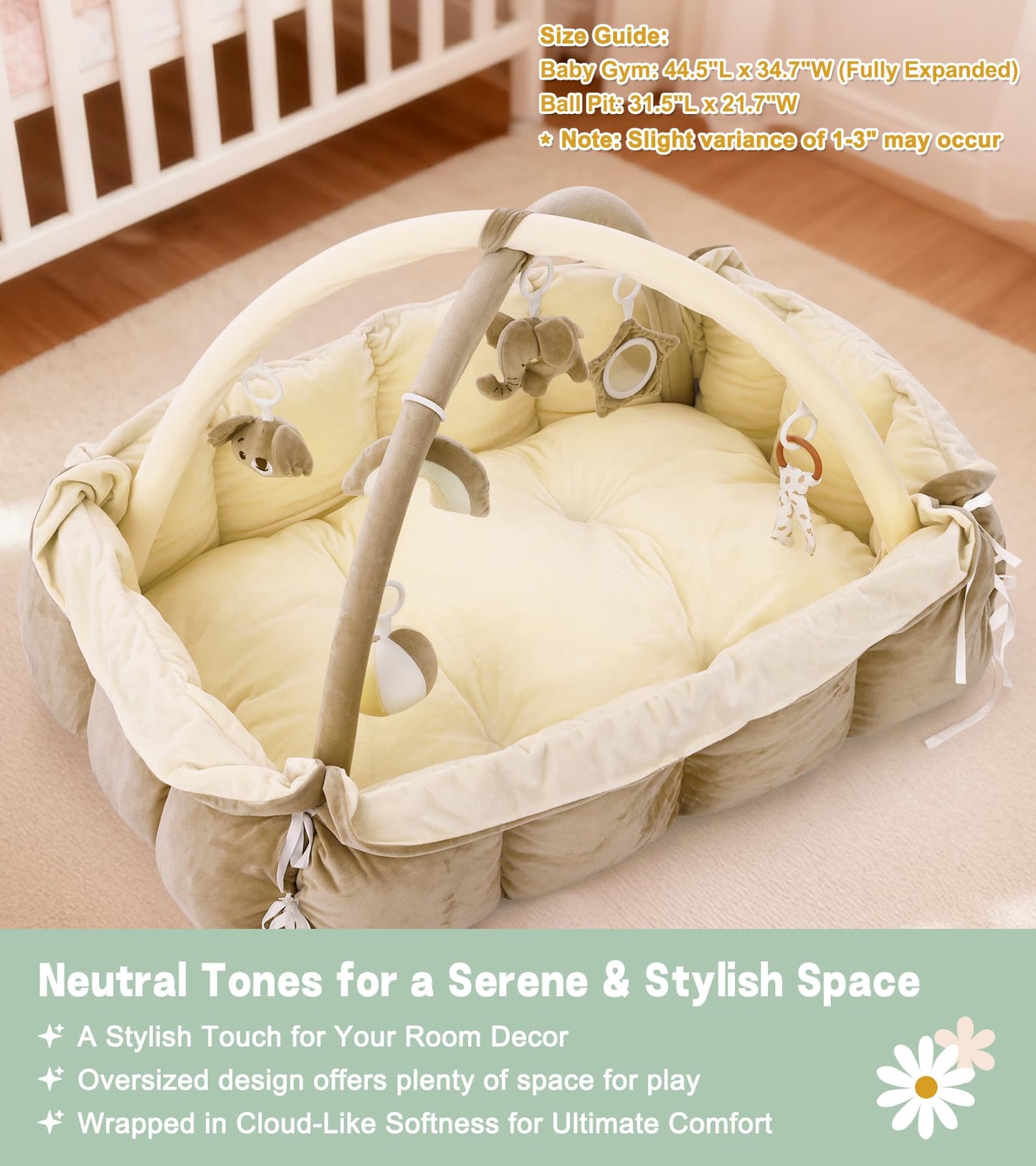 Lanabuna 5-in-1 Baby Play Gym and Tummy Time Mat, 12 Learning Cards, Plush Activity Mat with 6 Toys, Baby Gym, Convertible to Ball Pit, Baby Gift, Cream