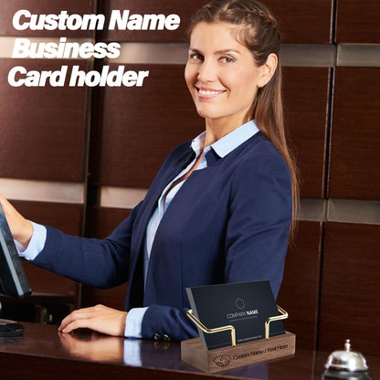 HJX Custom Business Card Holder Desk-Personalized Engraved Wooden Business Card Case Holder, Customized Name Logo Business Card Display Gifts for Men Women (Black - Walnut)