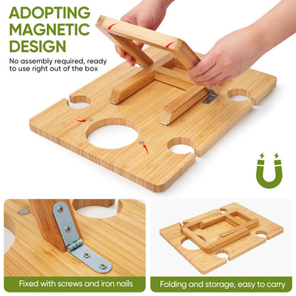 Dumbpec Bamboo Wine Picnic Table, Foldable Portable Charcuterie Tray with Bottle Slot and 4 Glass Holders, 15.6 x 11.7 x 7.5 in, for Beach, Park, Camping