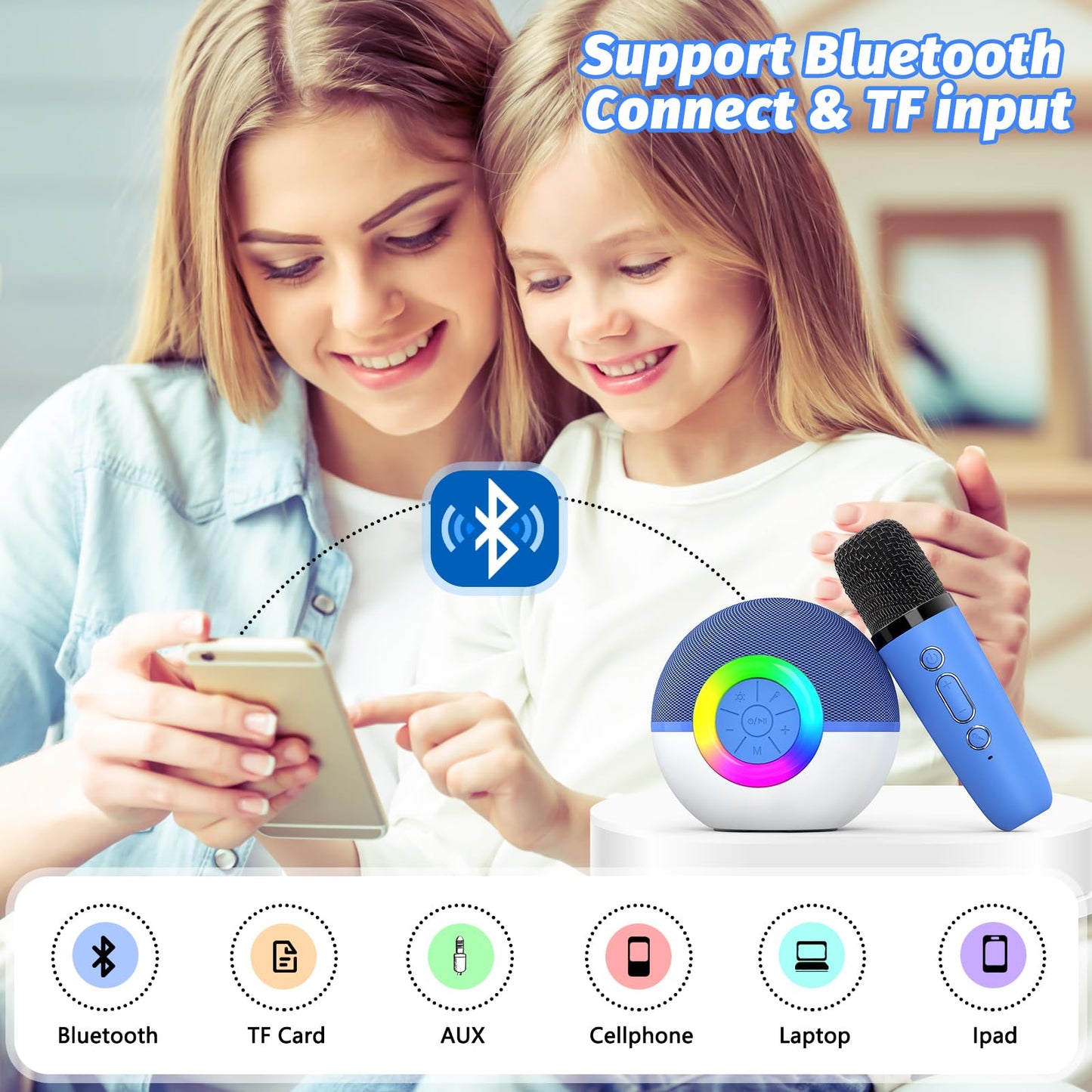 goopow Mini Karaoke Machine Speaker for Kids Adults, Portable Bluetooth Microphone Song Toys with LED Light, Best Chritmas Birthday Festival Gift for 3 4 5 6 7 8+ Year Old Girls Boys (Blue-2MIC)