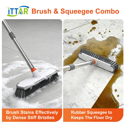 ITTAR 55" Extendable Floor Scrub Brush | 12" Wide 2-in-1 Scrub & Squeegee | Heavy-Duty Tile Scrubber Cleaner with Stiff Bristles for Shower Floor, Kitchen, Restaurant, Patio & Garage-Orange