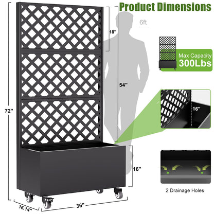 72" Metal Planter Box with Trellis Outdoor and Wheels,Planter with Trellis Privacy Screen, Raised Garden Bed with Trellis and Drainage Holes for Climbing Plants, Vegetables, Vines