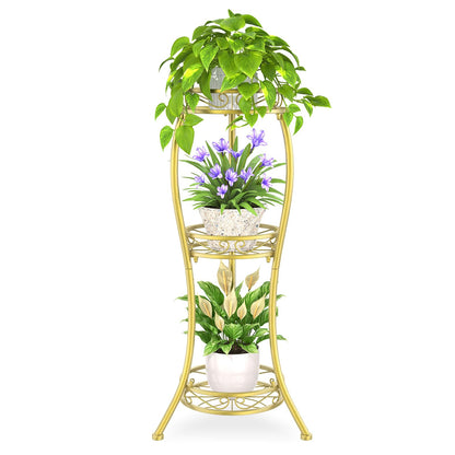 iDavosic.ly 3 Tier Tall Metal Plant Stand Indoor Outdoor, Wrought Iron Corner Flower Pot Holder Shelf, 34 Inch Vertical Display Rack for Patio Porch Living Room Garden, Gold