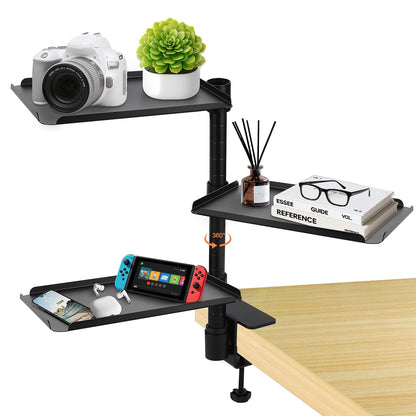 FBOAZI 3 Tier Clamp On Desk Shelf,360° Rotatable Adjustable Above or Under Desktop Organizer,Carbon Steel Storage Tray for Home Office and Gaming Accessories（Black）