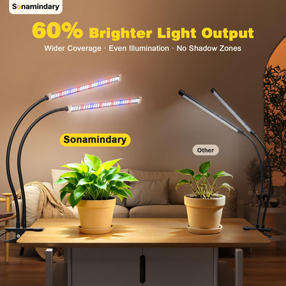 Sonamindary Grow Light for Indoor Plants, 120 LEDs Full Spectrum 5700K Plant Lamp with Red Blue White Light, 5-Level Dimmable, 4/8/12H Timer, Adjustable Clamp Stand(Dual Head)