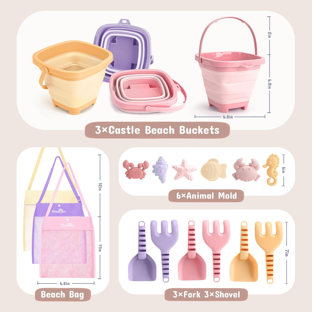 3 Pack Beach Toys Set for Kids Toddlers Girls, Collapsible Sand Buckets with Beach Molds and Mesh Bag, Sandbox Travel Toys Beach Vacation Essentials, Camping Gear, Fishing (Purple/Pink/Yellow)
