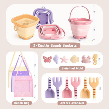 3 Pack Beach Toys Set for Kids Toddlers Girls, Collapsible Sand Buckets with Beach Molds and Mesh Bag, Sandbox Travel Toys Beach Vacation Essentials, Camping Gear, Fishing (Purple/Pink/Yellow)