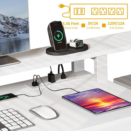 DWVO L Shaped Desk with Drawers, 65" Computer Desk with Power Outlets & LED Lights, Corner Home Office Desk with Storage Shelves & Printer Stand, White