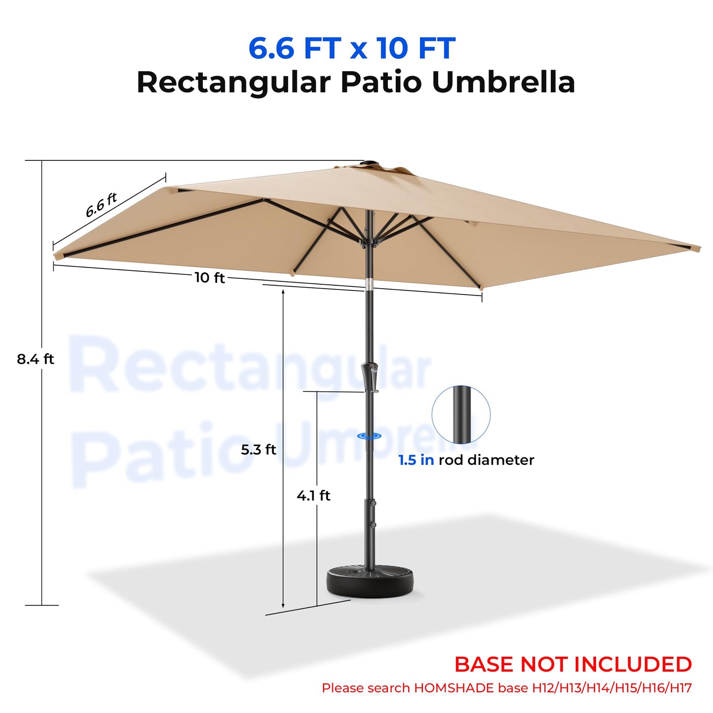 HOMSHADE 6.6 x 10 ft Rectangular Patio Umbrella Rectangle Umbrella Outdoor Patio, Large Outdoor Umbrellas for Patio Table with Tilting and Sun UV Protection for Pool, Deck, Market, Backyard, Beige