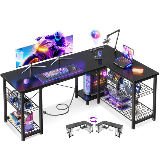 Casaottima 51 Inch L Shaped Gaming Desk with Shelves & Power Outlets, Reversible Computer Desk with Storage Shelves for Home Office, Black