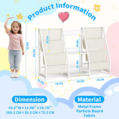 Kids Bookshelf Toy Storage Organizer - Book Shelf for Kids Rooms, 2 Sides Children Bookcase with 3 Tired Toy Storage Organizer, White Toddler Baby Bookshelf Book Shelves for Bedroom Nursery Playroom