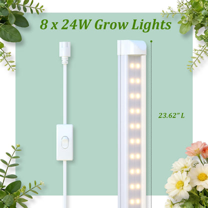 Plant Shelf with Grow Light, DIY 6-Tier Plant Stand with Grow Light, Adjustable Rack and Wheels, 8 Pack 24" 192W T8 Full Spectrum Grow Lamp for Indoor Plants, Seed Starting, Vegetable, 29"x13.5"x73.5"