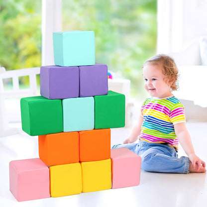 Foam Blocks for Toddlers, 12 PCS Soft Building Blocks for Kids, Large Foam Cubes Colourful Stacking Block Sets - Throw & Play Toys with Washable Cover(Pink, Light Blue, Yellow, Orange, Green, Purple)