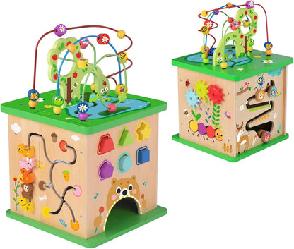 TOOKYLAND 5 in 1 Activity Center, Wooden Large Activity Play Cube 23"X13"X13", Wooden Learning Puzzle Toy for Toddlers, with Animal Friends, Shapes, Mazes, Shape Sorter