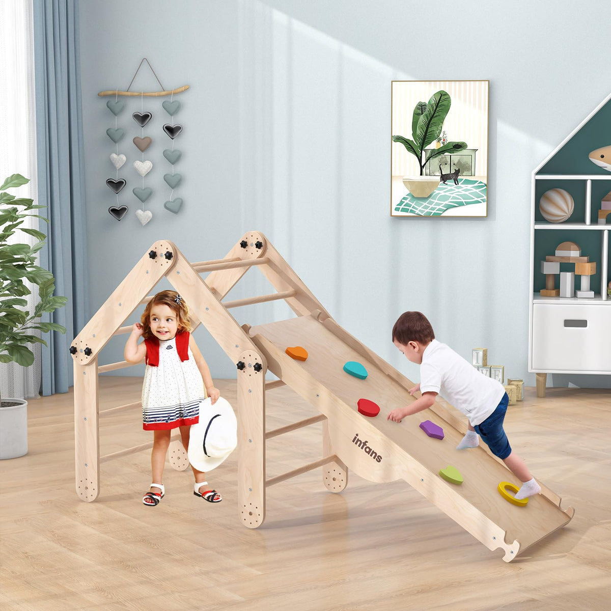 INFANS 12 in 1 Climbing Toys for Toddlers, Upgrade Wooden Montessori Foldable Triangle Climber Set with Reversible Ramp Slide Ladder Seesaw, Indoor Pikler Climb Activity Jungle for Kids Age 3+