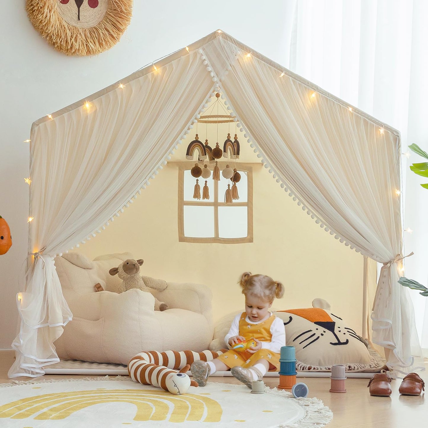 Kids Play Tent with Padded Mat, Kids Tents Indoor Playhouse for Toddler, Large Princess Castle Pompoms Play House Tent for Girl Bed Tents Toys for Boys Girl Birthday House Gift
