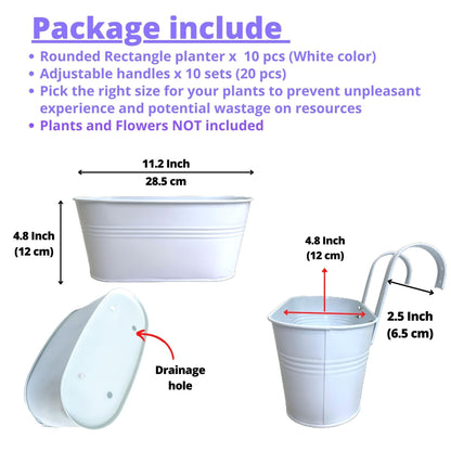 LaLaGreen Rail Planters for Outdoor (10 Pack, 11.2 Inch) White Metal Iron Strawberry Planter Hanging Flower Pots, Deck Railing Fence Bucket Wall Mount Window Box Plant Holder with Hooks Porch Decor